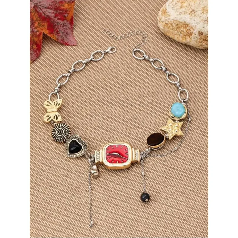 Vintage Charm Watch Necklace Red Pendant Gold Statement Choker Tarnish Proof
